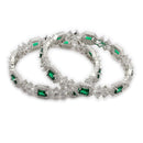 ZENEME Rhodium Plated Green American Diamond Rectangular Halo Floral Fringe Necklace Set with Earrings & Set of 2 Bangles for Women & Girls
