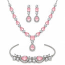 ZENEME Set of 3 Rhodium Plated AD Emerald Teardrop Halo Necklace Set & Bracelet For Woman