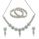 ZENEME Rhodium Plated Pink & Green American Diamond Pastel Floral Vine Necklace Set with Earrings & Set of 2 Bangles for Women & Girls