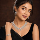 ZENEME Set of 3 Rhodium Plated AD Rectangular Halo Paisley Fringe Necklace Set & Wraparound Bracelet Jewellery Set For Women & Girls Silver Toned