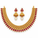 ZENEME Gold Toned Pink Stone Studded Kundan Style Choker Necklace Set with Pearl Drop Jhumka Earrings for Women & Girls