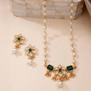 ZENEME Gold Plated AD Kundan Floral Ghungroo Pearl Drop Necklace with Matching Earring Jewellery Set For Women & Girls Gold Toned Necklace Set For Woman