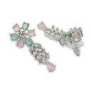 ZENEME Rhodium Plated Pink & Green American Diamond Pastel Floral Vine Necklace Set with Earrings & Set of 2 Bangles for Women & Girls
