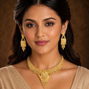 ZENEME Gold Plated Alloy Leaf Charm Traditional Temple Necklace Set with Matching Earring Jewellery Set For Women & Girls