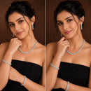 ZENEME Rhodium Plated Pink & Green American Diamond Pastel Square-Cut Tennis Line Necklace Set with Earrings & Set of 2 Bangles for Women & Girls