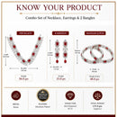 ZENEME Rhodium Plated Red American Diamond Rectangular Halo Floral Frame Necklace Set with Earrings & Set of 2 Bangles for Women & Girls