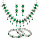 ZENEME Rhodium Plated Green American Diamond Double Halo Floral Fringe Necklace Set with Earrings & Set of 2 Bangles for Women & Girls