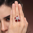 Rhodium Plated AD Emerald Floral Cluster Adjustable Ring for Women & Girls