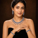 ZENEME Rhodium Plated Blue American Diamond Rectangular Radiance Fringe Necklace Set with Earrings & Set of 2 Bangles for Women & Girls