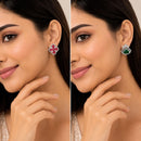 Rhodium Plated Four-Petal Flower & Triangle Leaf Stud Earrings for Women & Girls