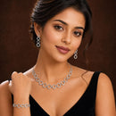 ZENEME Set of 3 Rhodium Plated AD Floral Fringe Bracelets & Necklace Set Jewellery Set For Women & Girls Silver Toned