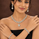 ZENEME Rhodium Plated White American Diamond Floral Cluster Teardrop Necklace Set with Earrings & Set of 2 Bangles for Women & Girls