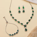 ZENEME Set of 3 Rhodium Plated AD Emerald Teardrop Halo Necklace Set & Bracelet For Woman