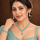 ZENEME Set of 3 Rhodium Plated AD Emerald Teardrop Halo Necklace Set & Bracelet For Woman