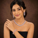 ZENEME Rhodium Plated Pink American Diamond Round Halo Tennis Line Necklace Set with Earrings & Set of 2 Bangles for Women & Girls