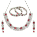 ZENEME Rhodium Plated Red American Diamond Rectangular Halo Floral Frame Necklace Set with Earrings & Set of 2 Bangles for Women & Girls