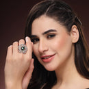 Rhodium Plated AD Green Crystal Statement Adjustable Ring for Women & Girls