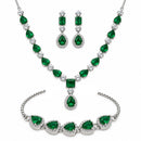 ZENEME Set of 3 Rhodium Plated AD Emerald Teardrop Halo Necklace Set & Bracelet For Woman