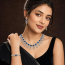 ZENEME Set of 3 Rhodium Plated AD Rectangular Halo Paisley Fringe Necklace Set & Wraparound Bracelet Jewellery Set For Women & Girls Silver Toned