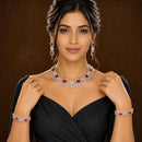 ZENEME Rhodium Plated Red American Diamond Rectangular Halo Floral Frame Necklace Set with Earrings & Set of 2 Bangles for Women & Girls