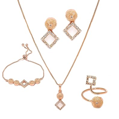 Rose Gold-Plated White American Diamond studded Square Shaped Jewellery Set