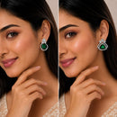 Rhodium Plated Rectangular Flower & Triangle Leaf Stud Earrings for Women & Girls