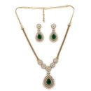 ZENEME Gold Plated AD Emerald Teardrop Floral Halo Necklace with Matching Earring Jewellery Set For Women & Girls Gold Toned Necklace Set For Woman