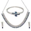 ZENEME Set of 3 Rhodium Plated AD Pear-Drop Double-Row Cascade Bracelets & Necklace Set Jewellery Set For Women & Girls Silver Toned