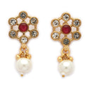 ZENEME Gold Plated AD Kundan Floral Ghungroo Pearl Drop Necklace with Matching Earring Jewellery Set For Women & Girls Gold Toned Necklace Set For Woman