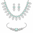 ZENEME Set of 3 Rhodium Plated AD Emerald-Cut Leaf Fringe Necklace Set & Wraparound Bracelet Jewellery Set For Women & Girls Silver Toned