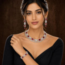ZENEME Rhodium Plated Red American Diamond Rectangular Halo Floral Frame Necklace Set with Earrings & Set of 2 Bangles for Women & Girls