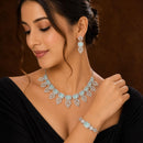 ZENEME Set of 3 Rhodium Plated AD Emerald-Cut Leaf Fringe Necklace Set & Wraparound Bracelet Jewellery Set For Women & Girls Silver Toned