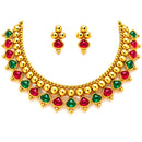 ZENEME Gold Plated Temple Necklace Earrings Set for Women Traditional Temple Heart Motif with Red & Green Gold Toned CZ Stones Jewellery Set For Girls