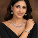 ZENEME Set of 3 Rhodium Plated AD Floral Fringe Bracelets & Necklace Set Jewellery Set For Women & Girls Silver Toned