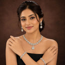 ZENEME Rhodium Plated White American Diamond Floral Cluster Teardrop Necklace Set with Earrings & Set of 2 Bangles for Women & Girls
