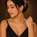 ZENEME Set of 2 Silver Plated AD Pavé Leaf Cluster Link Necklace & Bracelet Combo Jewellery Set For Women & Girls Silver Toned