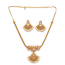 ZENEME Gold Plated AD Geometric Chandbali Pearl Drop Necklace with Matching Earring Jewellery Set For Women & Girls Gold Toned Necklace Set For Woman