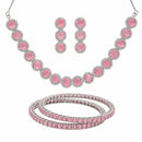 ZENEME Rhodium Plated Pink American Diamond Round Halo Tennis Line Necklace Set with Earrings & Set of 2 Bangles for Women & Girls