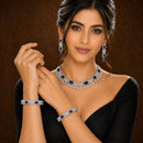 ZENEME Rhodium Plated Blue American Diamond Teardrop Halo Floral Fringe Necklace Set with Earrings & Set of 2 Bangles for Women & Girls