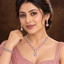 ZENEME Set of 3 Rhodium Plated AD Emerald Teardrop Halo Necklace Set & Bracelet For Woman