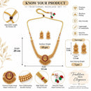 ZENEME Gold Plated Temple Necklace Earrings Set for Women Traditional Temple Heart Motif with Red & Green Gold Toned CZ Stones Jewellery Set For Girls