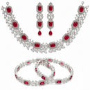 ZENEME Rhodium Plated Red American Diamond Rectangular Halo Floral Frame Necklace Set with Earrings & Set of 2 Bangles for Women & Girls