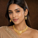 ZENEME Gold Plated Alloy Leaf Cascade Traditional Temple Necklace Set with Matching Earring Jewellery Set For Women & Girls