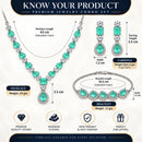 ZENEME Set of 3 Rhodium Plated AD Emerald Teardrop Halo Necklace Set & Bracelet For Woman