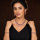 ZENEME Rhodium Plated Red American Diamond Baguette Bloom Fringe Necklace Set with Earrings & Set of 2 Bangles for Women & Girls