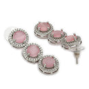 ZENEME Rhodium Plated Pink American Diamond Round Halo Tennis Line Necklace Set with Earrings & Set of 2 Bangles for Women & Girls