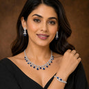 ZENEME Set of 3 Rhodium Plated AD Floral Fringe Bracelets & Necklace Set Jewellery Set For Women & Girls Silver Toned