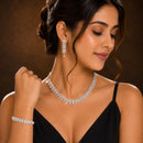ZENEME Set of 3 Rhodium Plated AD Marquise Leaf V-Cascade Necklace Set & Bracelet Jewellery Set For Women & Girls Silver Toned