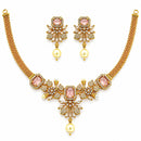 ZENEME Gold Plated AD Kundan Floral Pearl Drop Necklace with Matching Earring Jewellery Set For Women & Girls Gold Toned Necklace Set For Woman