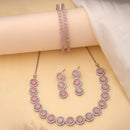 ZENEME Rhodium Plated Pink American Diamond Round Halo Tennis Line Necklace Set with Earrings & Set of 2 Bangles for Women & Girls